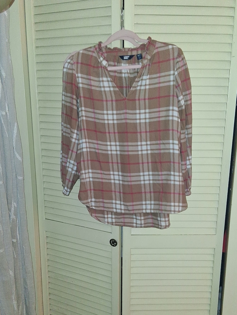 Lane Bryant Tan Plaid V-Neck Tunic with Pink & White Stripes